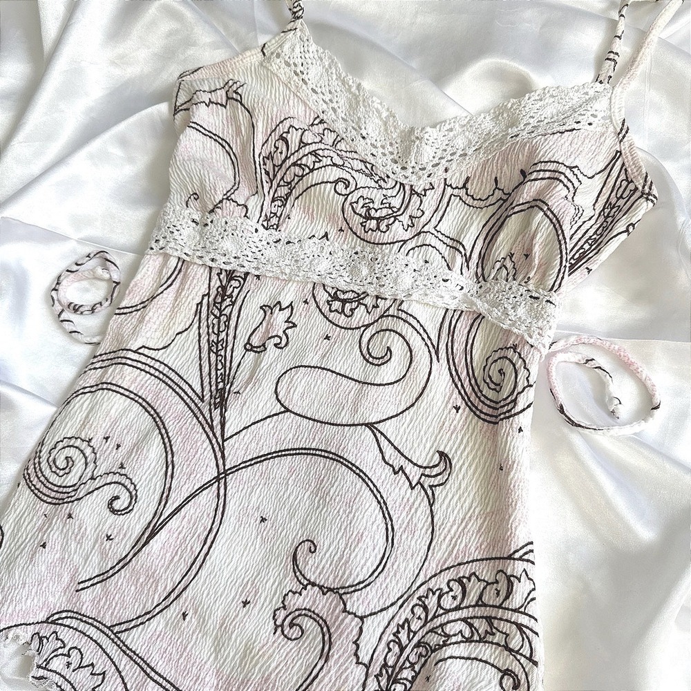 Cute Girl Y2K Paisley Crochet Lace Trim Asymmetrical Cami Top Pink Cream Medium